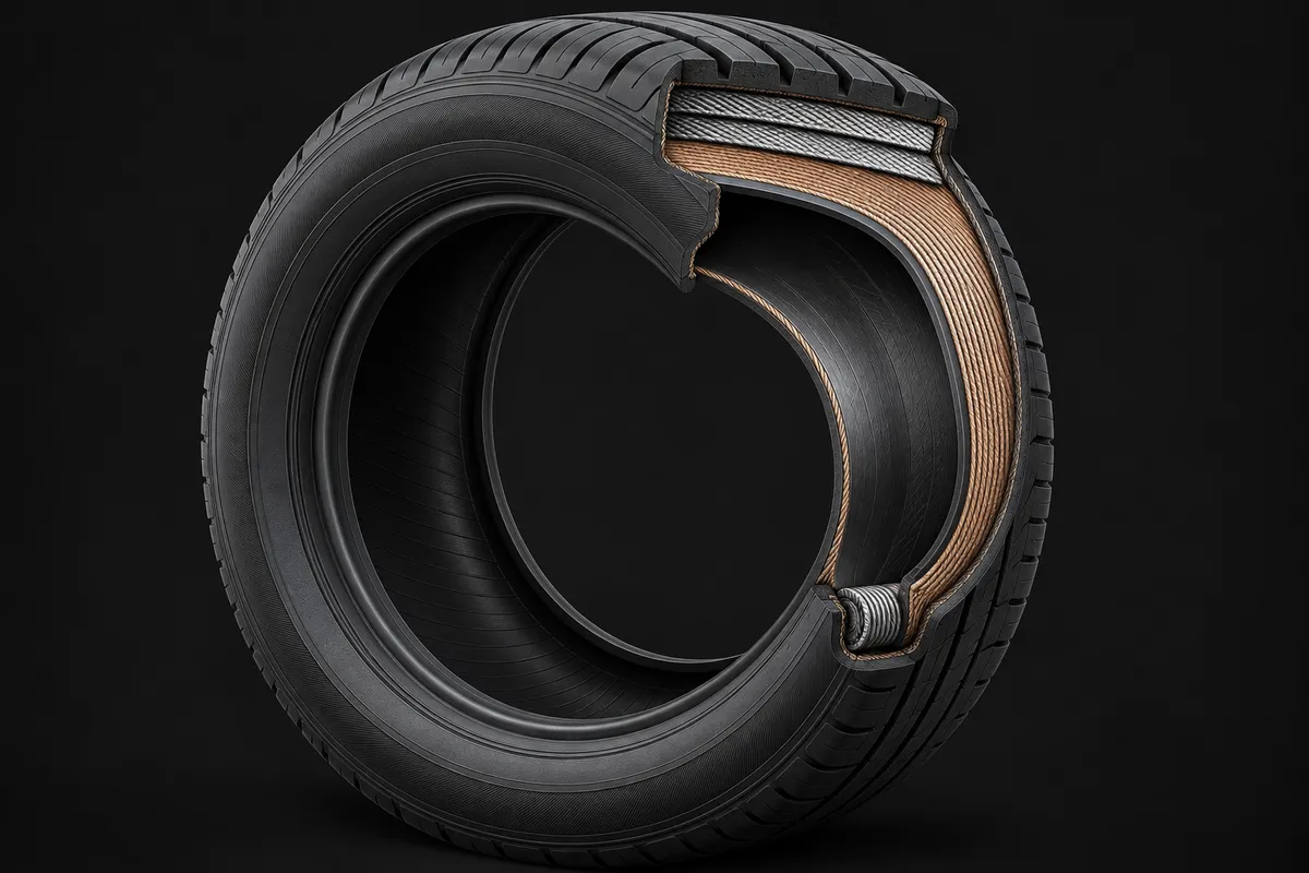 Purpose-built tire cutaway: recognizable round radial tubeless tire with a section removed. Tread outside, belts beneath tread, body ply toward bead, liner inside and bead at wheel opening. Numbered callouts are explained below.