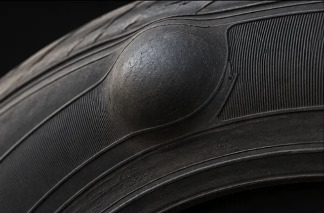 Illustrative sidewall bulge: photo includes the surrounding tire so its location can be understood