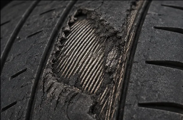 Illustrative exposed reinforcing cords: serious visible damage
